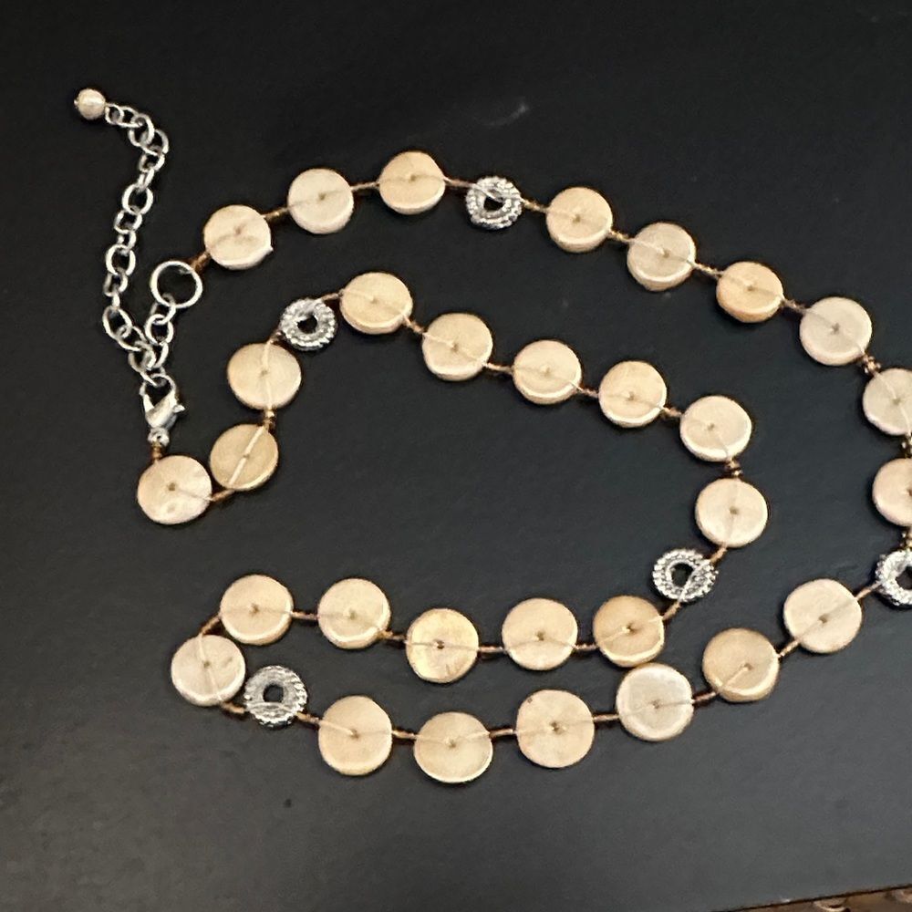 Natural round shell disk necklace with amber and silver accents